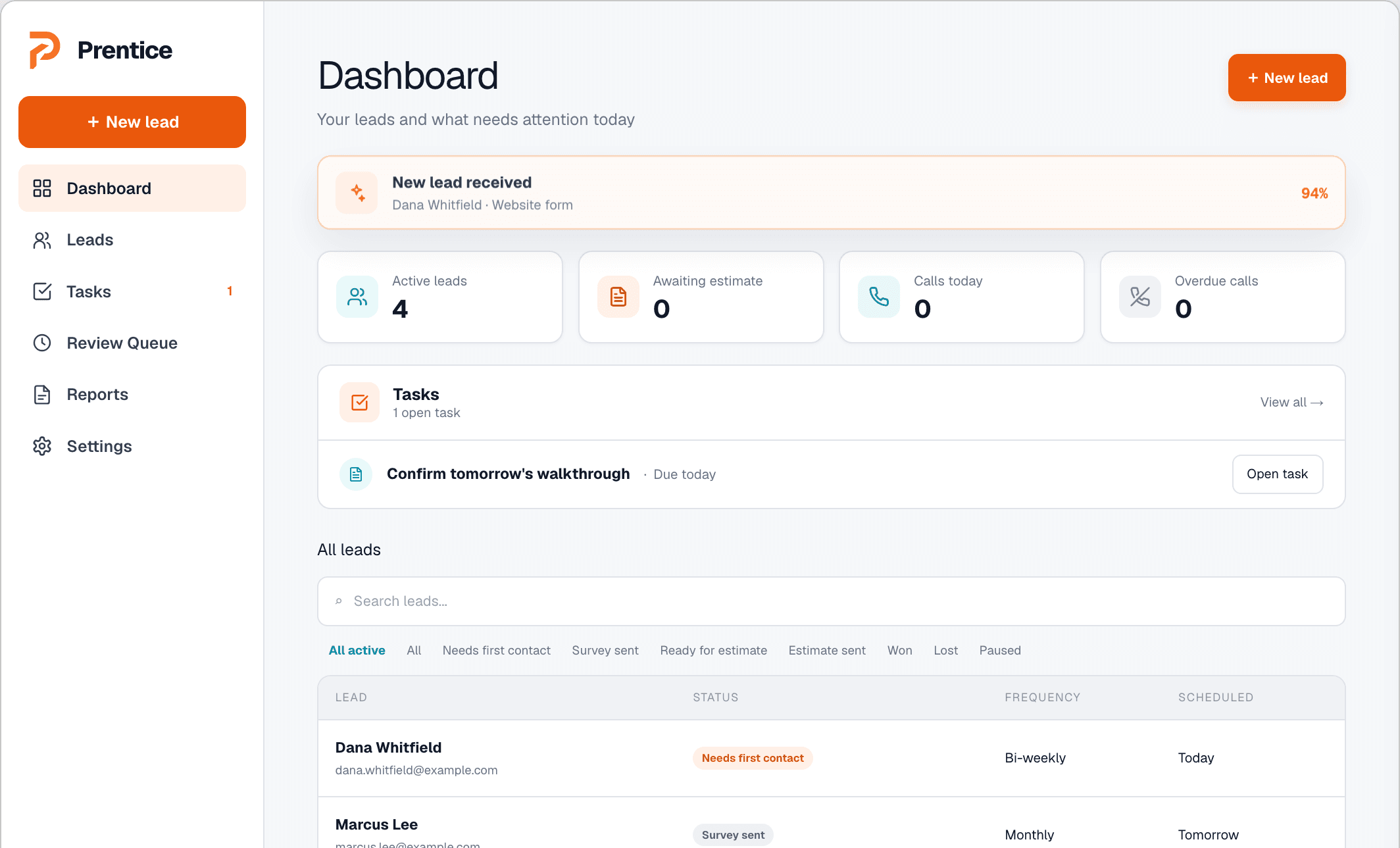 Preview of the simulated Prentice dashboard